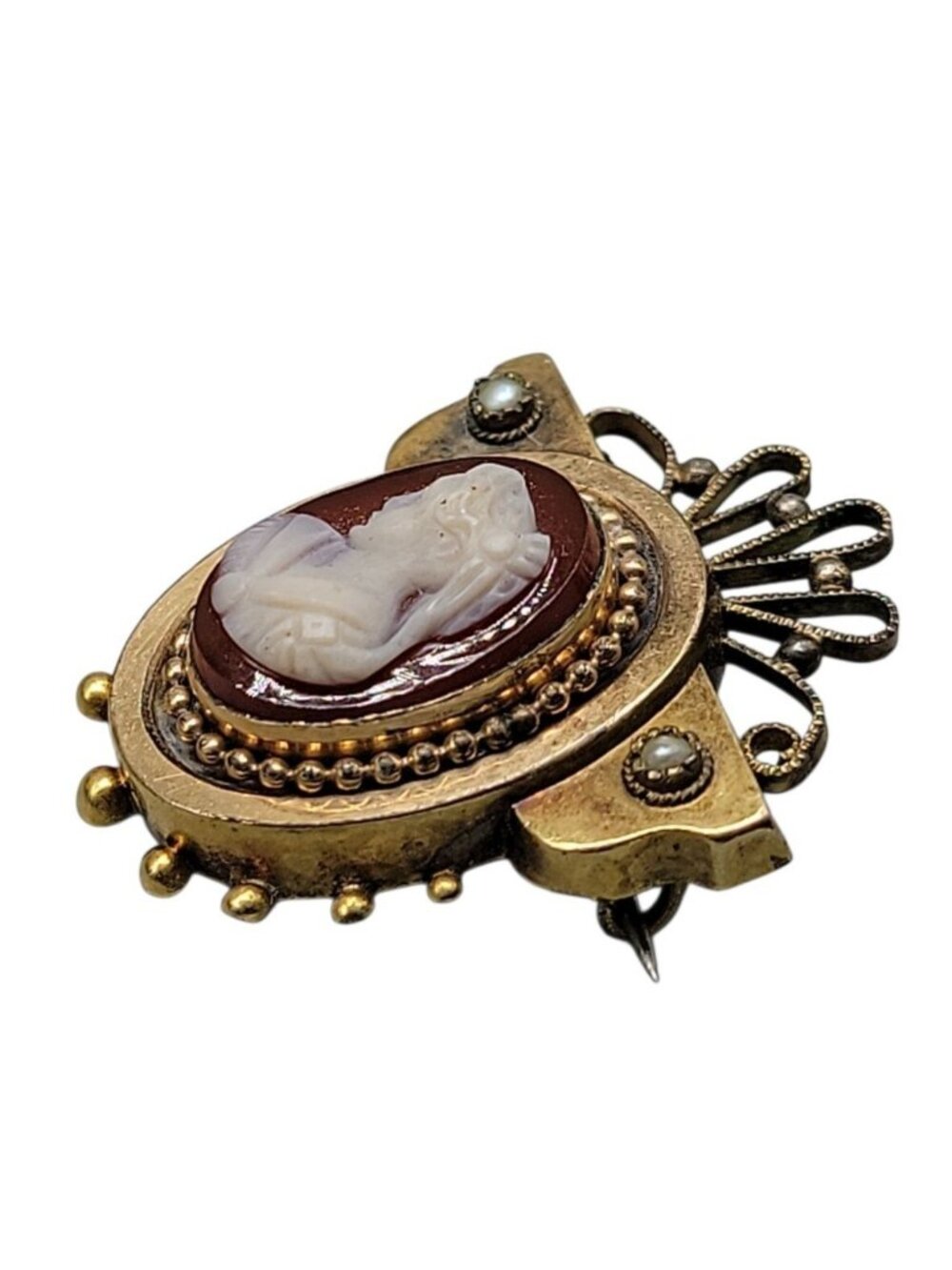 Antique Victorian Carnelian Carved Cameo Brooch Gold Plated Seed Pearl Accents - Picture 4 of 12
